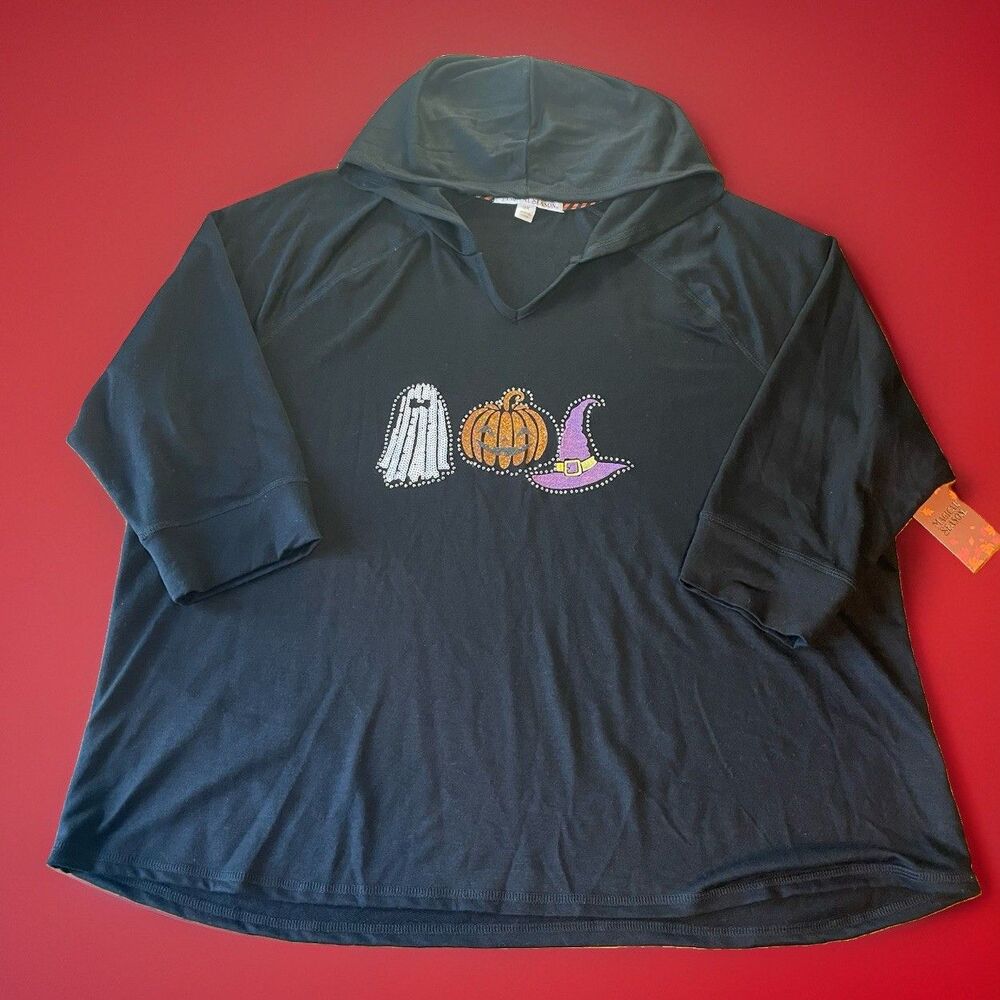Magical Season Halloween Hoodie Ghost Pumpkin Witch Hat Rhinestone Black Sz 3XL